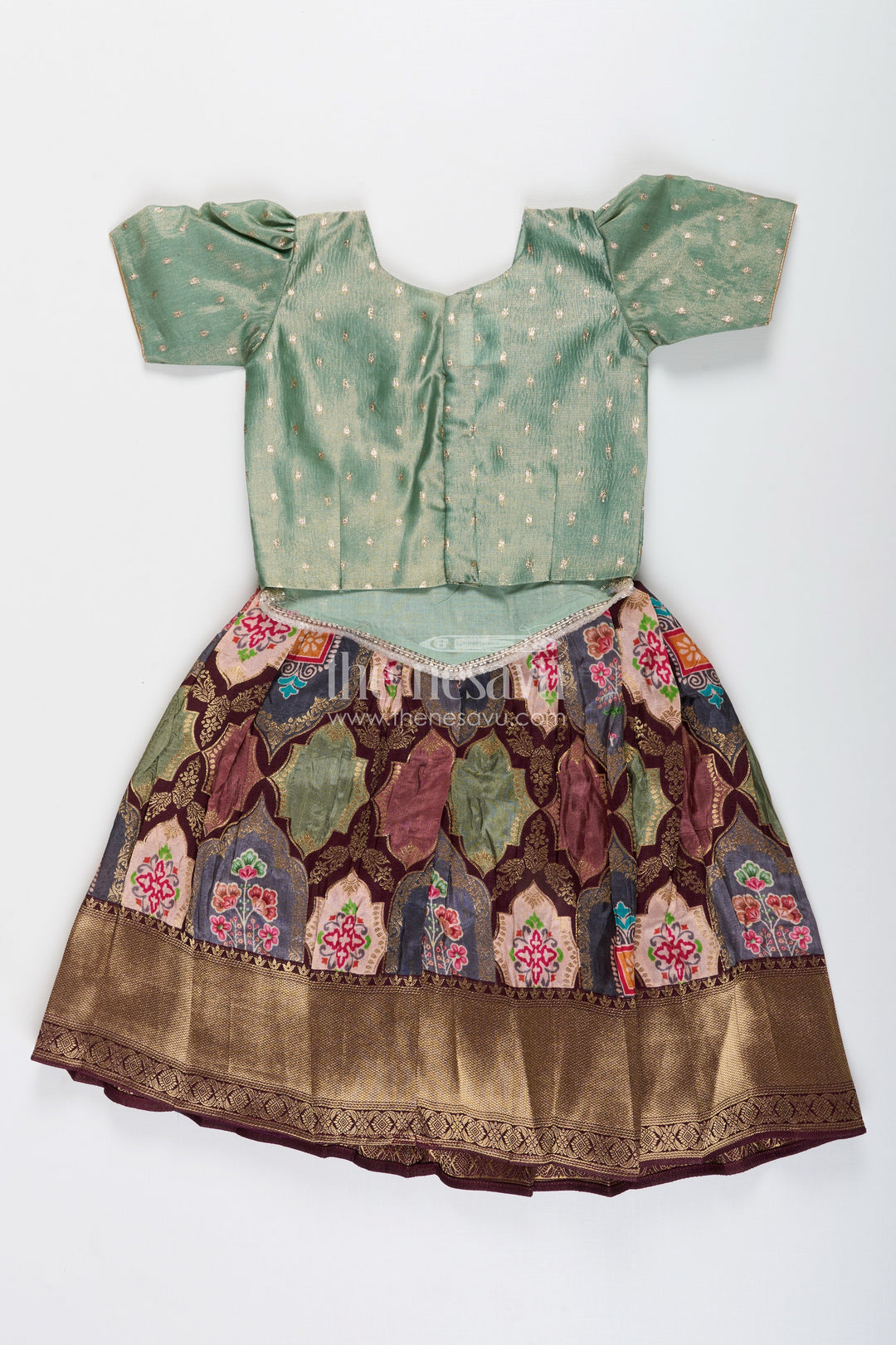 The Nesavu Pattu Pavadai Toddler pattu pavadai for family weddings and poojas Nesavu Nesavu toddler pattu pavadai Banaras skirt tissue yoke festive family events