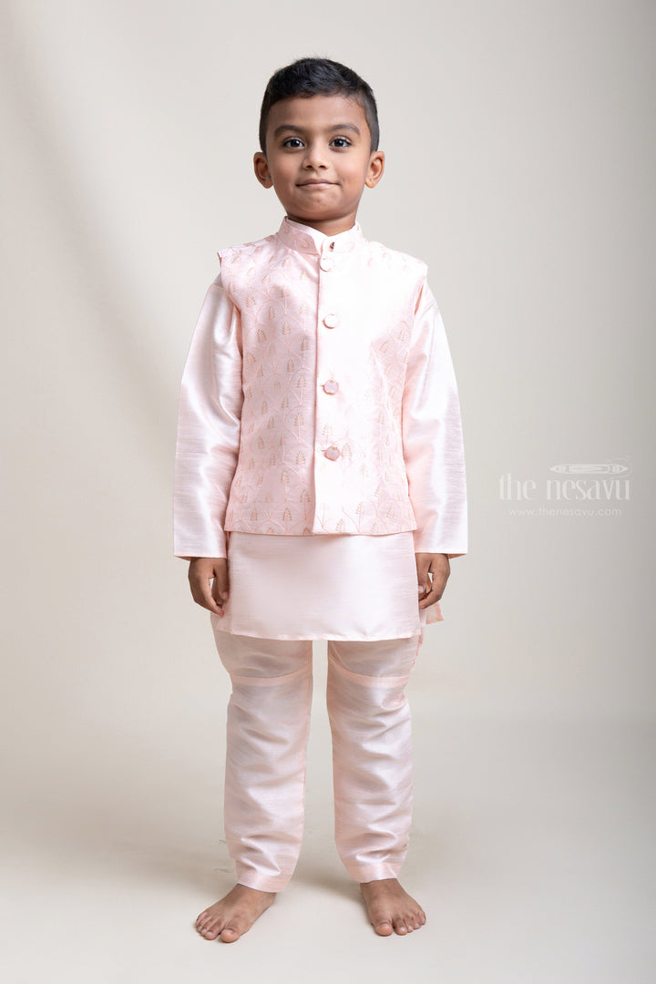 The Nesavu Boys Jacket Sets Top-To-Bottom Pink Three Piece Kurta Set With Designer Printed Overcoat For Boys psr silks Nesavu 14 (6M) / Beige / Silk Blend BES267A