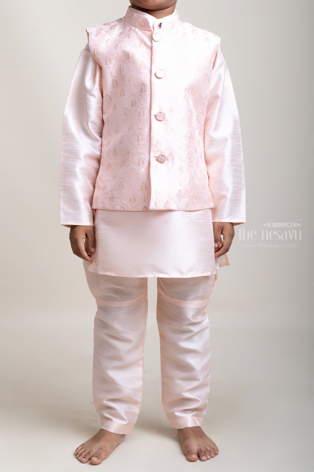 The Nesavu Boys Jacket Sets Top-To-Bottom Pink Three Piece Kurta Set With Designer Printed Overcoat For Boys psr silks Nesavu