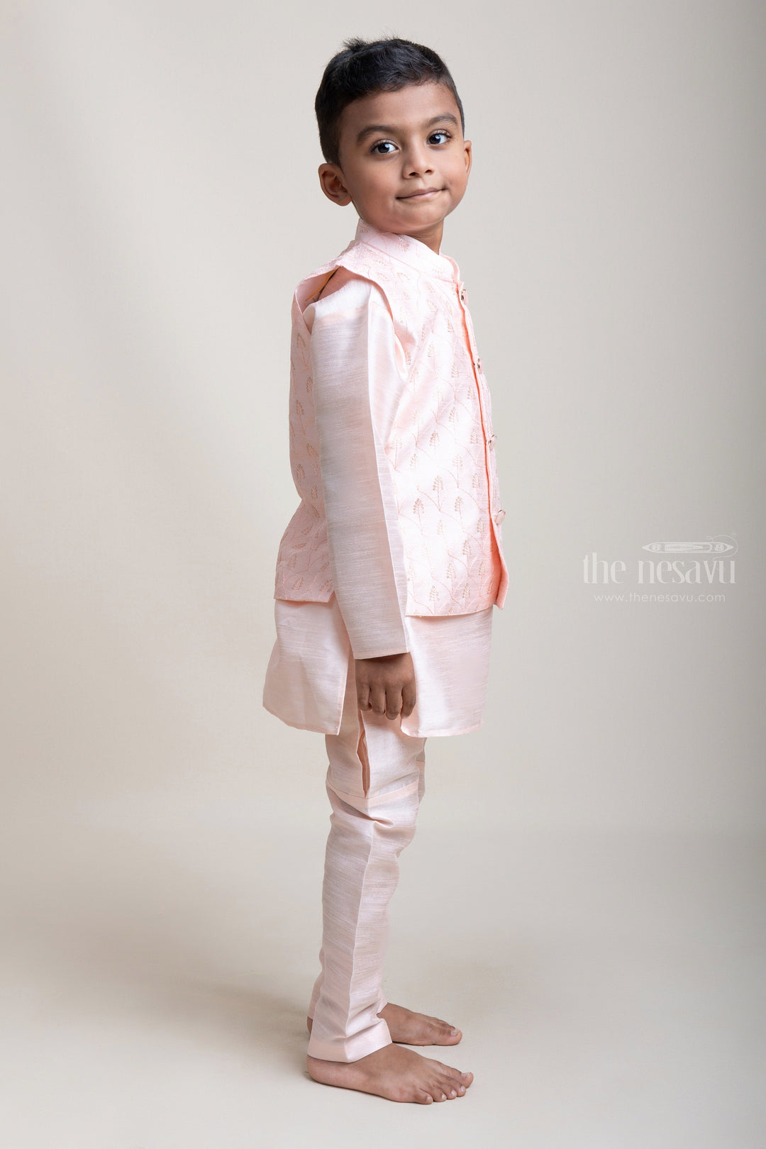 The Nesavu Boys Jacket Sets Top-To-Bottom Pink Three Piece Kurta Set With Designer Printed Overcoat For Boys psr silks Nesavu