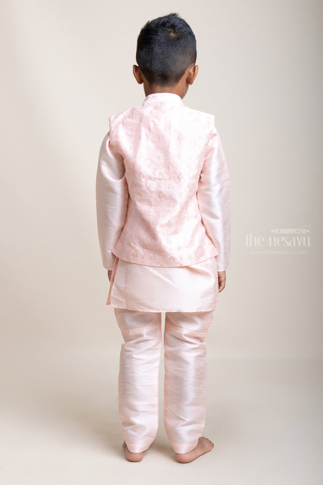 The Nesavu Boys Jacket Sets Top-To-Bottom Pink Three Piece Kurta Set With Designer Printed Overcoat For Boys psr silks Nesavu