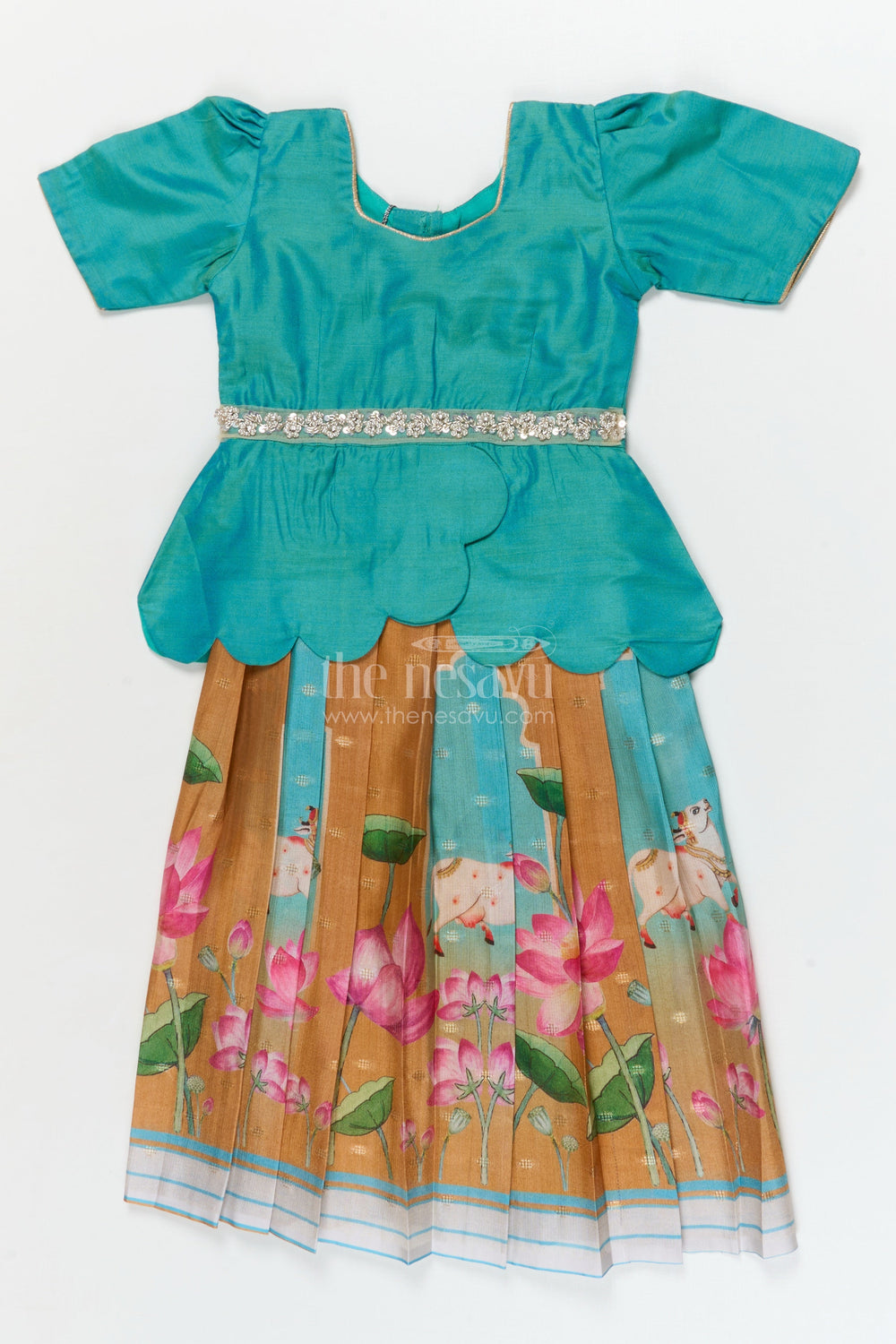 The Nesavu Pattu Pavadai Traditional Baby Pattu Pavadai with Lotus Print Skirt for Festive Photoshoots Nesavu 18 (2Y) / Turquoise / Banarasi GPP362A-18 Nesavu baby pattu pavadai with lotus print skirt and scallop blouse for festive occasions