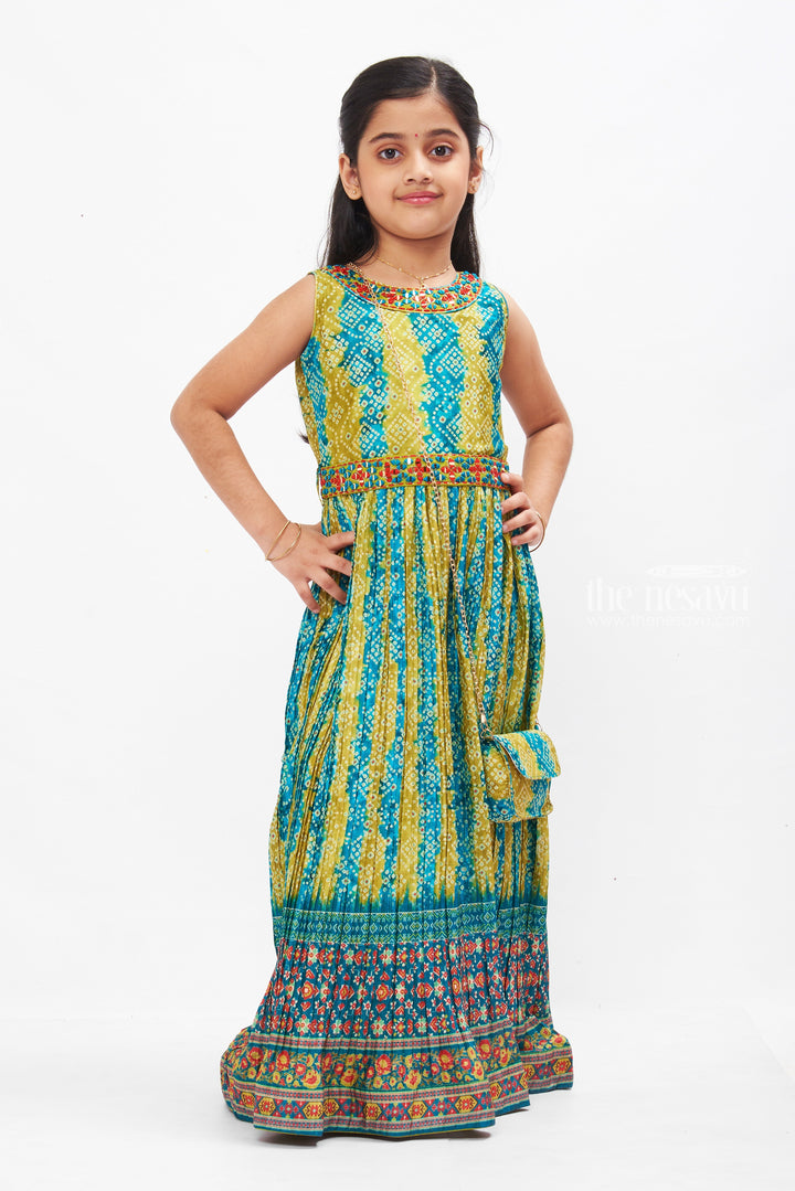 The Nesavu Girls Party Gown Traditional Bandhani Print Anarkali Dress: Enchanting Green and Blue Hues for Girls Nesavu 24 (5Y) / Green GA196A-24 Girls Green & Blue Bandhani Anarkali Dress | Traditional Festive Wear | The Nesavu