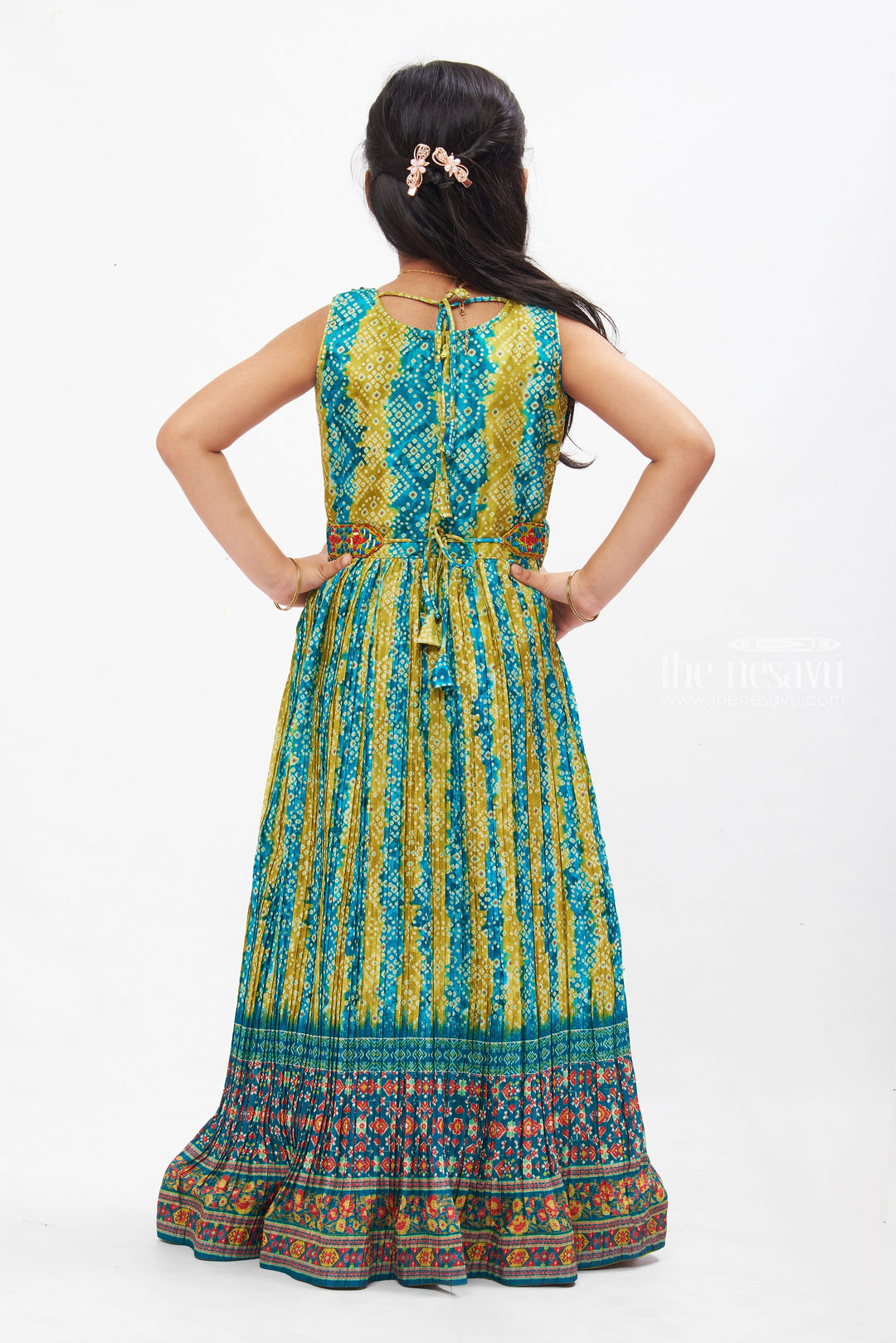 The Nesavu Girls Party Gown Traditional Bandhani Print Anarkali Dress: Enchanting Green and Blue Hues for Girls Nesavu Girls Green & Blue Bandhani Anarkali Dress | Traditional Festive Wear | The Nesavu