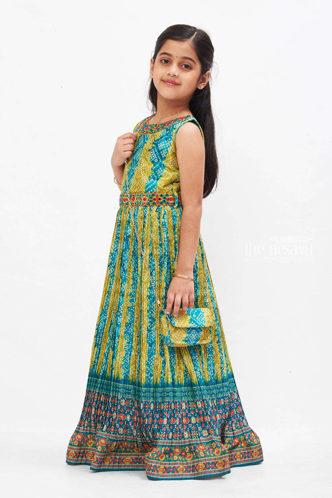 The Nesavu Girls Party Gown Traditional Bandhani Print Anarkali Dress: Enchanting Green and Blue Hues for Girls Nesavu Girls Green & Blue Bandhani Anarkali Dress | Traditional Festive Wear | The Nesavu