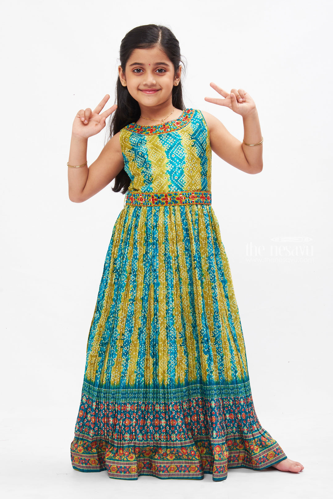 The Nesavu Girls Party Gown Traditional Bandhani Print Anarkali Dress: Enchanting Green and Blue Hues for Girls Nesavu Girls Green & Blue Bandhani Anarkali Dress | Traditional Festive Wear | The Nesavu