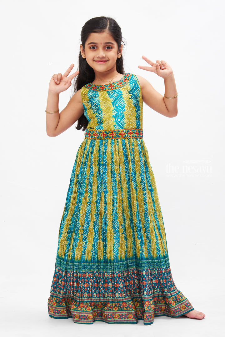 The Nesavu Girls Party Gown Traditional Bandhani Print Anarkali Dress: Enchanting Green and Blue Hues for Girls Nesavu Girls Green & Blue Bandhani Anarkali Dress | Traditional Festive Wear | The Nesavu