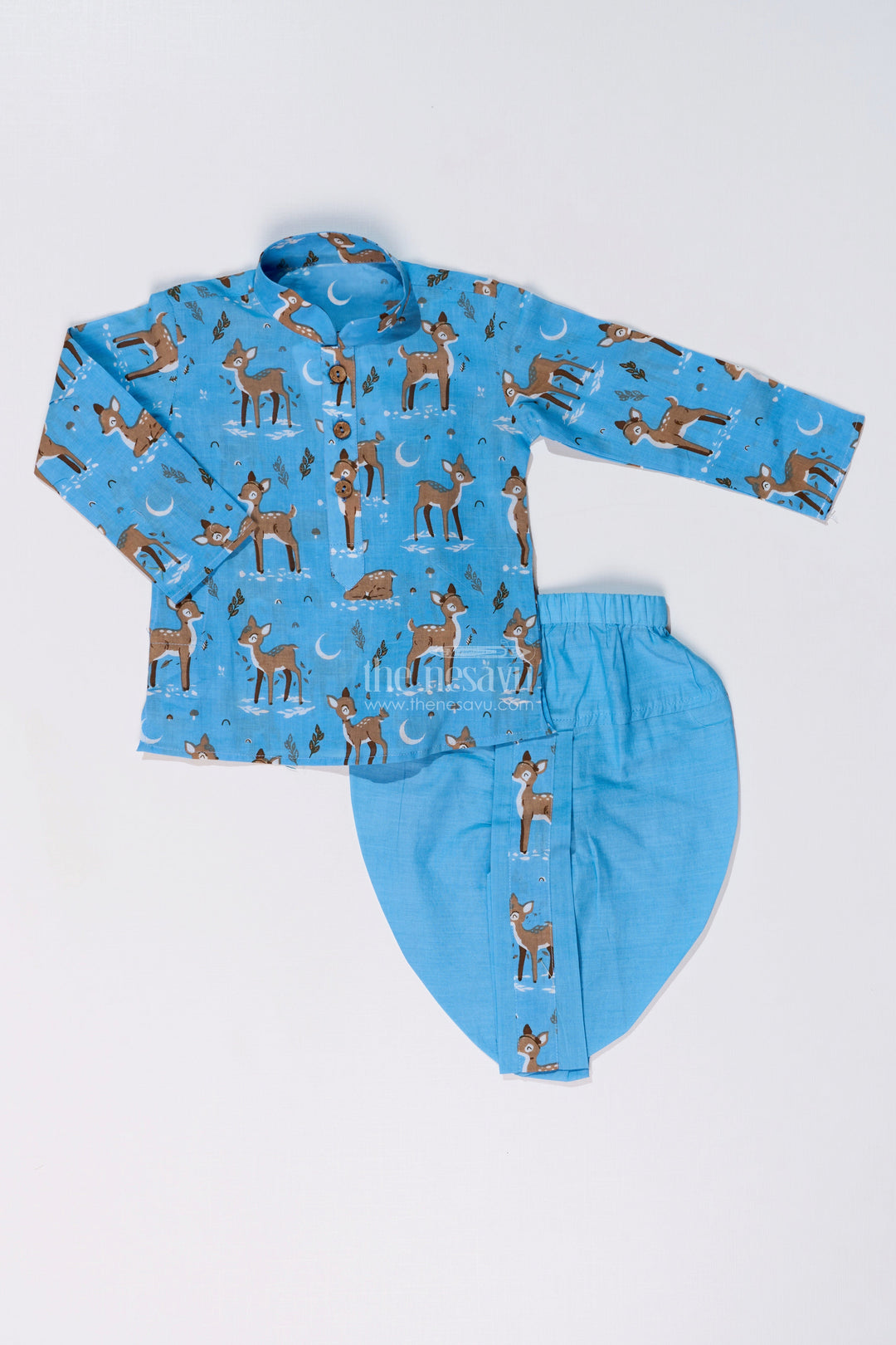 The Nesavu Boys Dothi Set Traditional Boys Dhoti and Jacket Set in Cotton with Deer Print for Festive Occasions Nesavu 10 (NB) / Blue BES659B-10 Nesavu Boys Dhoti Jacket Set Cotton Deer Print Traditional Festive Wear