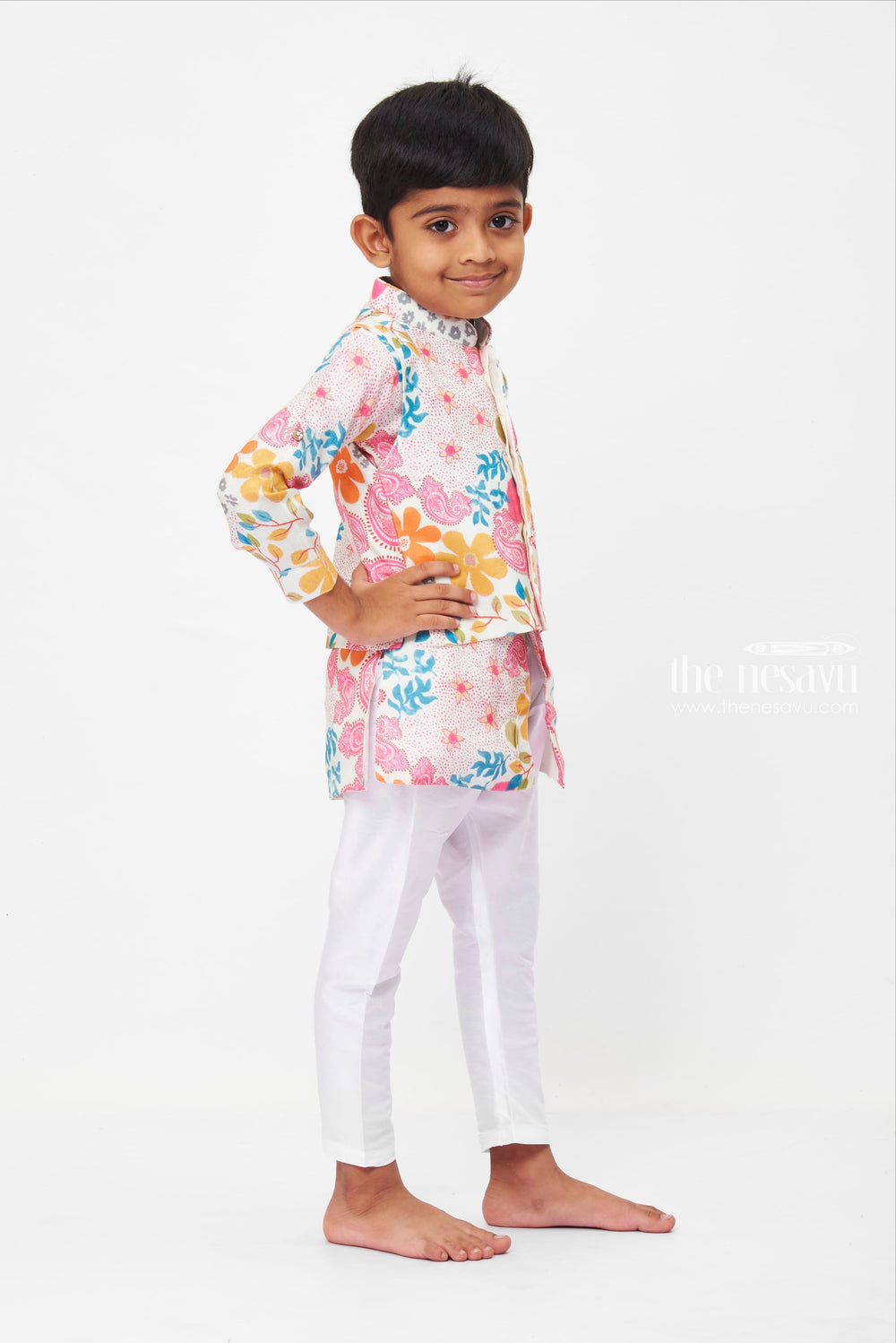 The Nesavu Boys Jacket Sets Traditional Boys Floral Overcoat & White Kurta Set with Pant and Panchagajam Nesavu Vibrant Floral Jacket and White Trousers Set for Toddlers | Playful Couture | The Nesavu