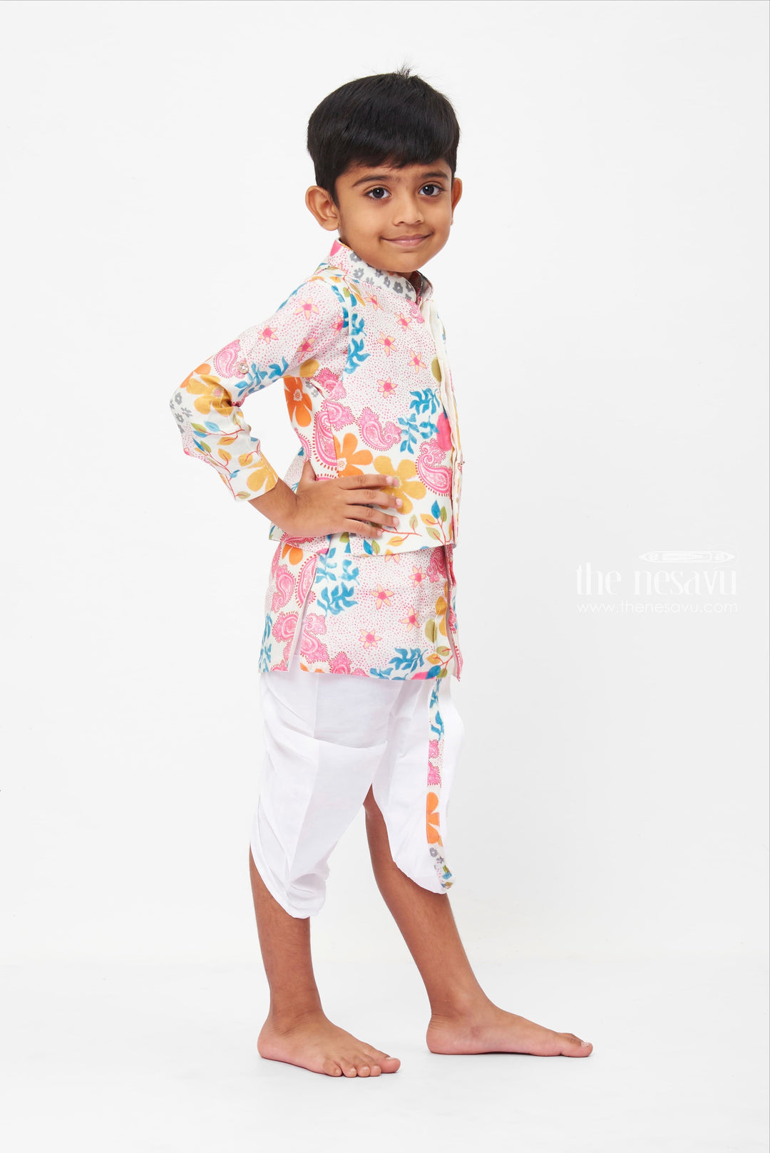 The Nesavu Boys Jacket Sets Traditional Boys Floral Overcoat & White Kurta Set with Pant and Panchagajam Nesavu Vibrant Floral Jacket and White Trousers Set for Toddlers | Playful Couture | The Nesavu