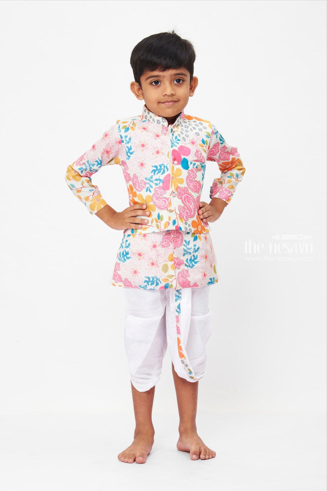 The Nesavu Boys Jacket Sets Traditional Boys Floral Overcoat & White Kurta Set with Pant and Panchagajam Nesavu Vibrant Floral Jacket and White Trousers Set for Toddlers | Playful Couture | The Nesavu