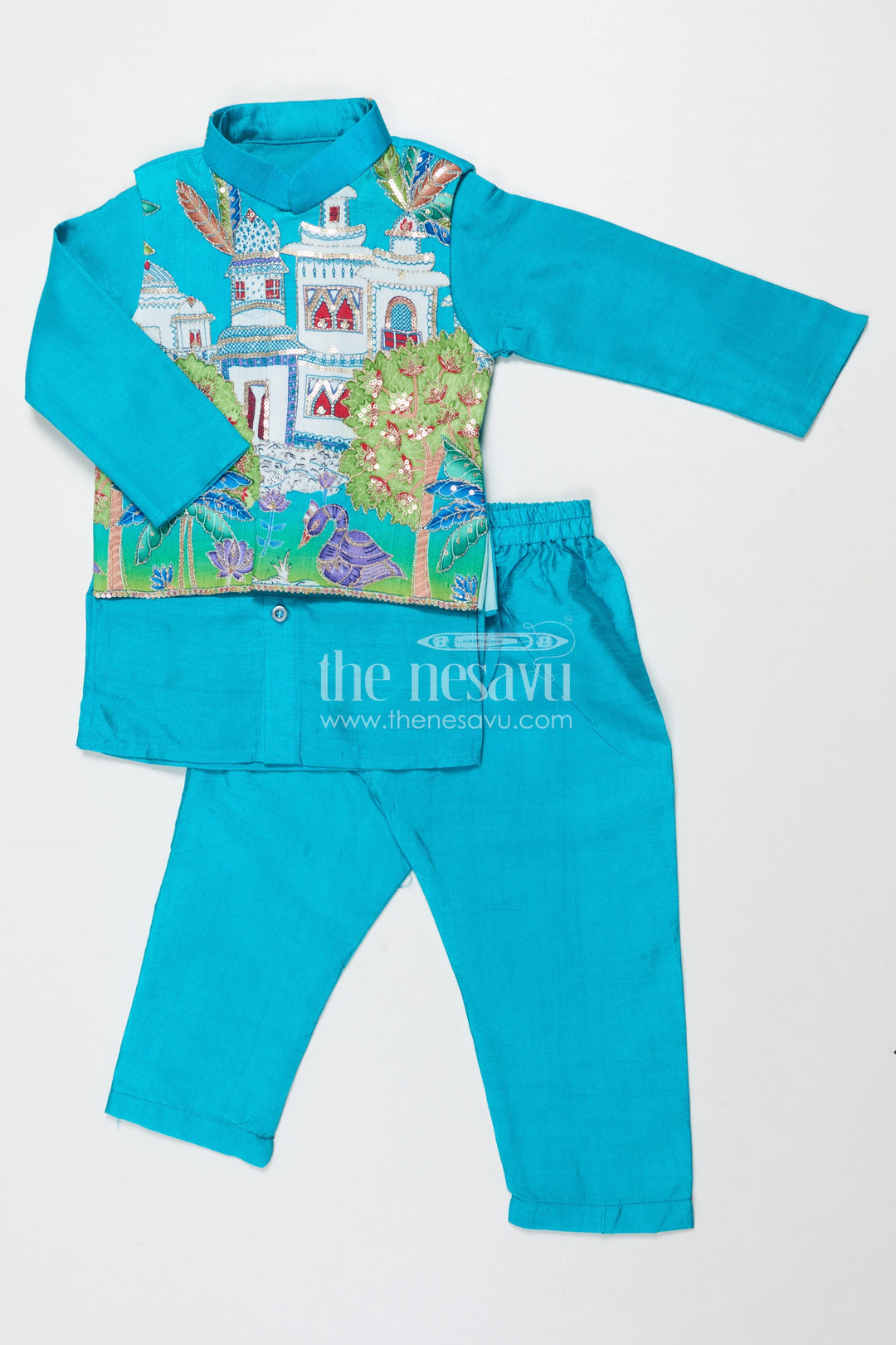 The Nesavu Boys Jacket Sets Traditional Boys Jacket Kurta Set with Embroidered Jacket for Poojas and Celebrations Nesavu 16 (1Y) / Blue BES847B-16 Nesavu boys festive jacket set with embroidered Nehru jacket for traditional poojas and family gatherings