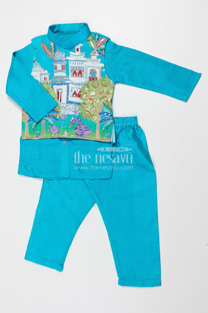 The Nesavu Boys Jacket Sets Traditional Boys Jacket Kurta Set with Embroidered Jacket for Poojas and Celebrations Nesavu 16 (1Y) / Blue BES847B-16 Nesavu boys festive jacket set with embroidered Nehru jacket for traditional poojas and family gatherings