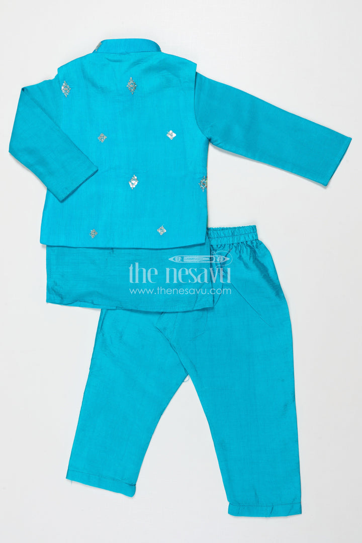 The Nesavu Boys Jacket Sets Traditional Boys Jacket Kurta Set with Embroidered Jacket for Poojas and Celebrations Nesavu Nesavu boys festive jacket set with embroidered Nehru jacket for traditional poojas and family gatherings