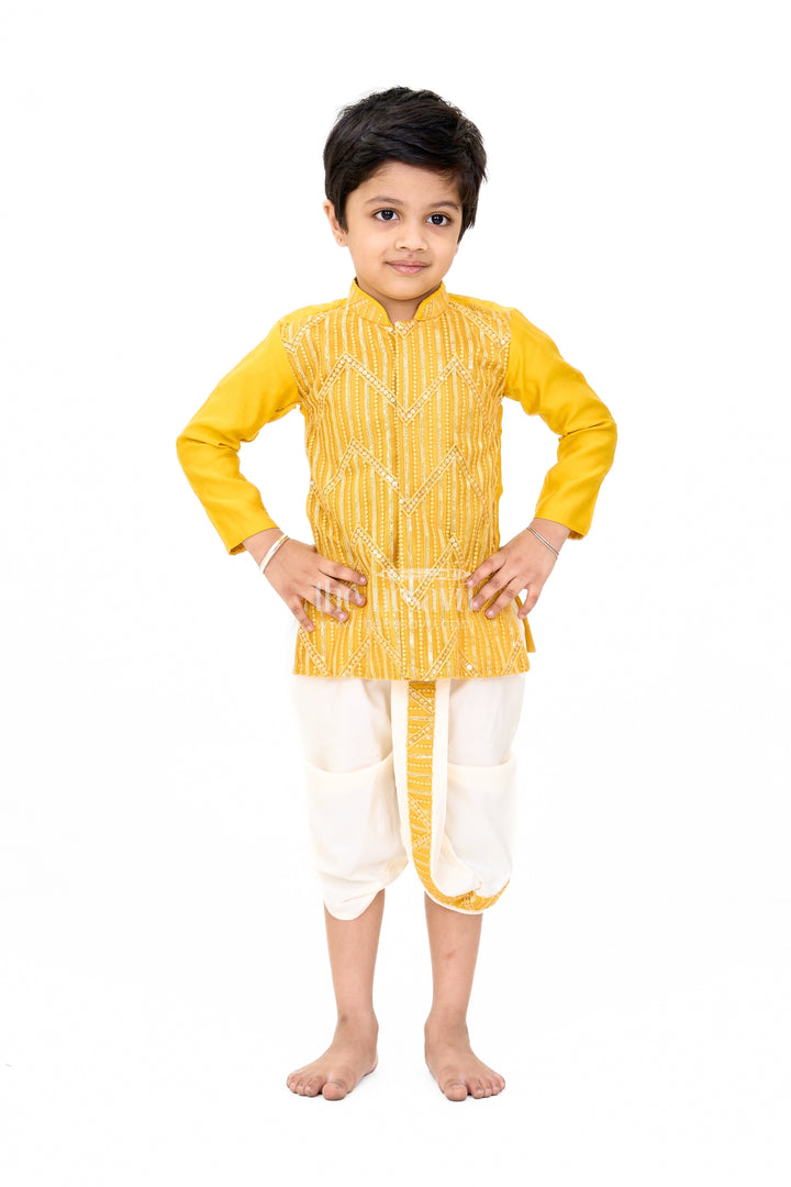 The Nesavu Boys Dothi Set Traditional Boys Mustard Dhoti Shirt Set with Sequin Embellished Design Nesavu 10 (NB) / Yellow BES621A-10 Nesavu Boys Mustard Dhoti Shirt Set Sequin Embroidery Festive Wear