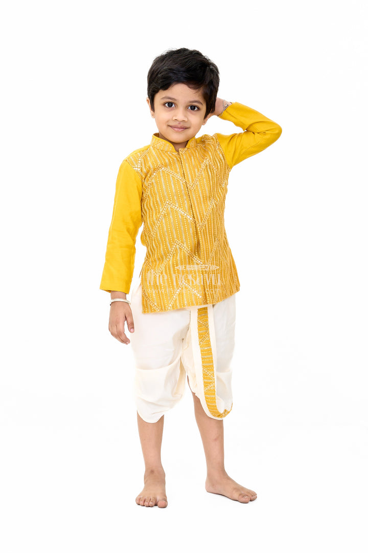 The Nesavu Boys Dothi Set Traditional Boys Mustard Dhoti Shirt Set with Sequin Embellished Design Nesavu Nesavu Boys Mustard Dhoti Shirt Set Sequin Embroidery Festive Wear