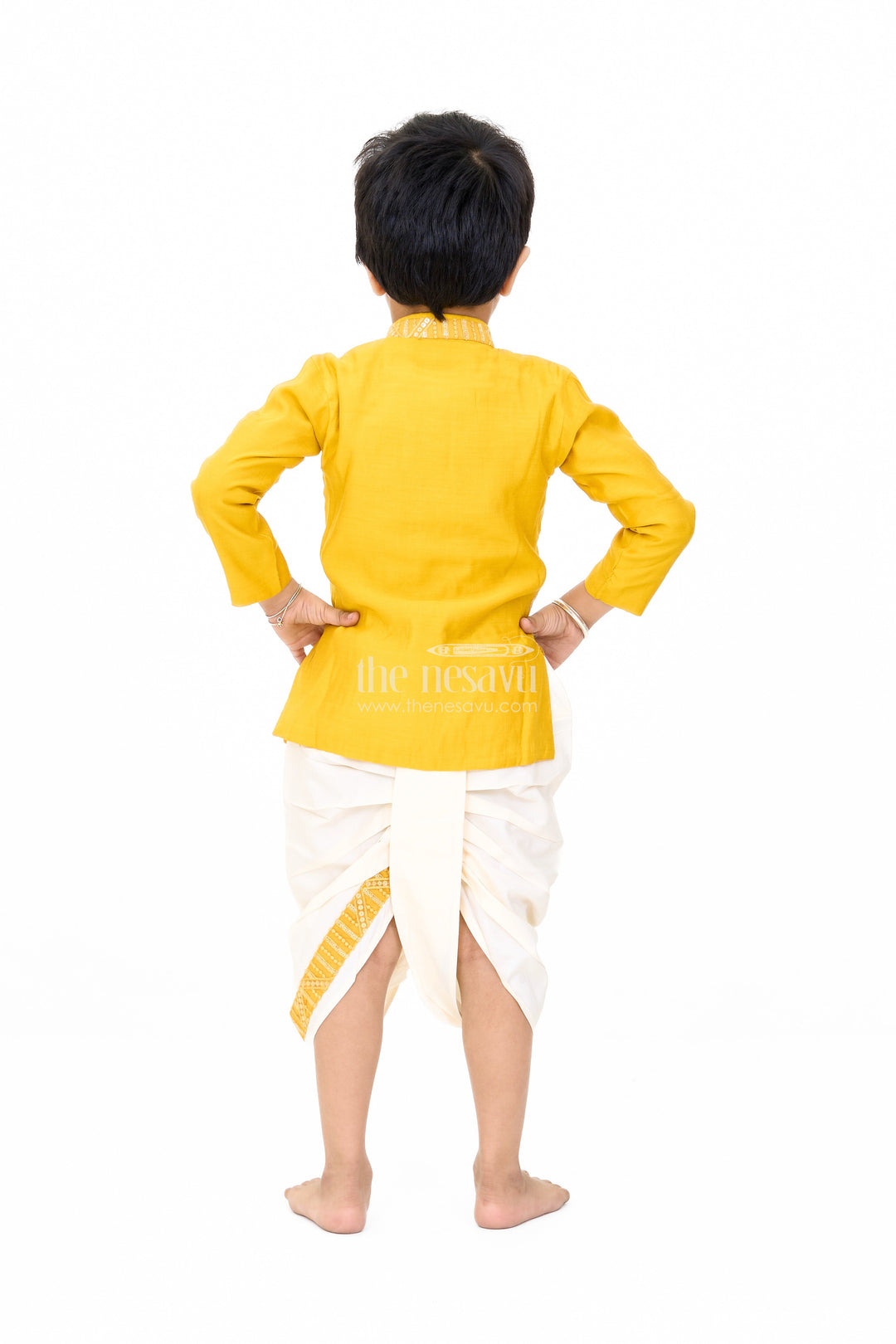 The Nesavu Boys Dothi Set Traditional Boys Mustard Dhoti Shirt Set with Sequin Embellished Design Nesavu Nesavu Boys Mustard Dhoti Shirt Set Sequin Embroidery Festive Wear