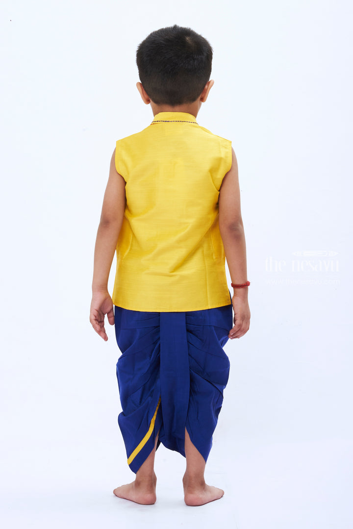 The Nesavu Boys Dothi Set Traditional Boys Yellow Kurta with Navy Blue Dhoti Set - Ethnic Panchagajam Ensemble Nesavu Boys' Ethnic Yellow Kurta & Navy Dhoti Set | Traditional Panchagajam Attire | The Nesavu