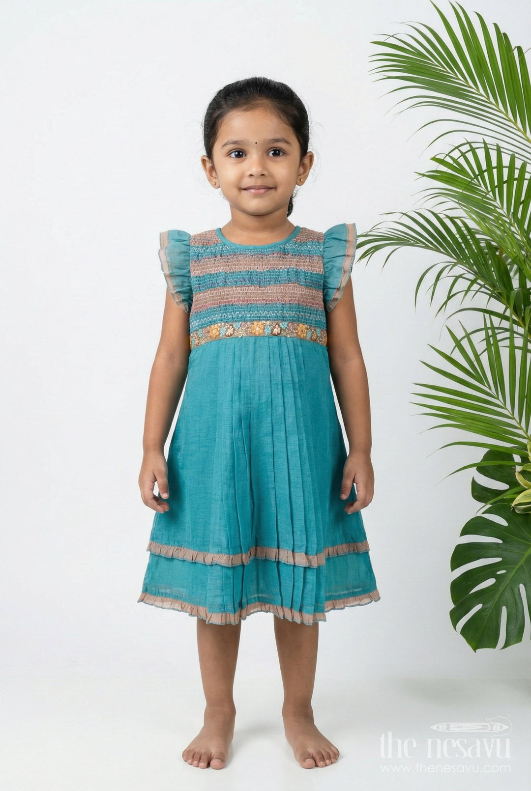 The Nesavu Girls Cotton Frock Traditional Cotton Frock for Girls for Dance Programs and Festive Functions Nesavu 22 (4Y) / Green GFC1809A-22 Nesavu traditional embroidered cotton frock girls festive wear dance events