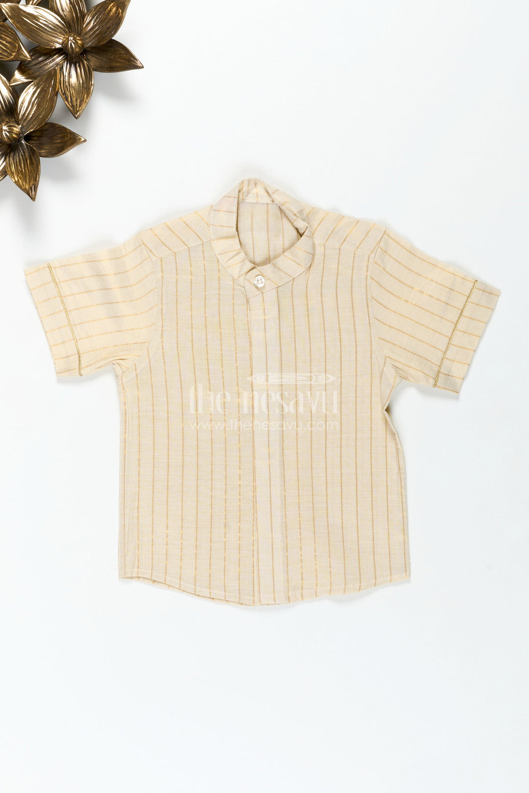 The Nesavu Boys Silk Shirt Traditional Cotton Shirt for Boys in Beige Silk Blend with Striped Gold Thread Weaving and Mandarin Collar Nesavu 16 (1Y) / Cream BS295A-16 Nesavu Boys Traditional Cotton Shirt Silk Blend Gold Stripes Mandarin Collar Design