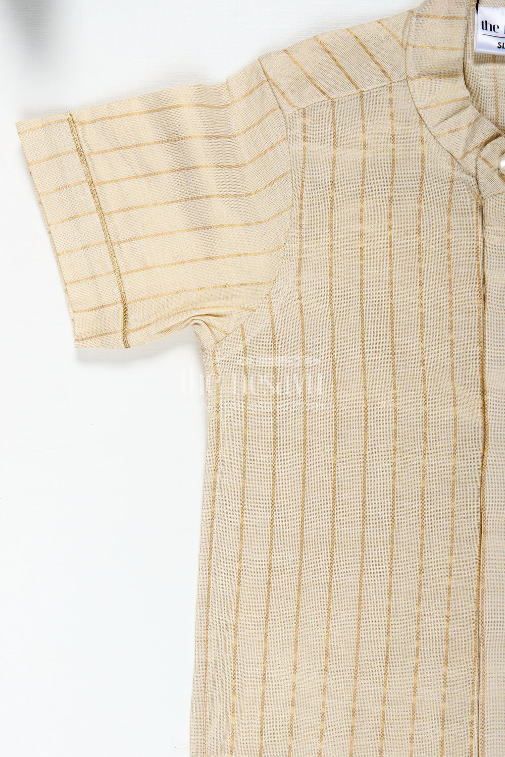 The Nesavu Boys Silk Shirt Traditional Cotton Shirt for Boys in Beige Silk Blend with Striped Gold Thread Weaving and Mandarin Collar Nesavu Nesavu Boys Traditional Cotton Shirt Silk Blend Gold Stripes Mandarin Collar Design