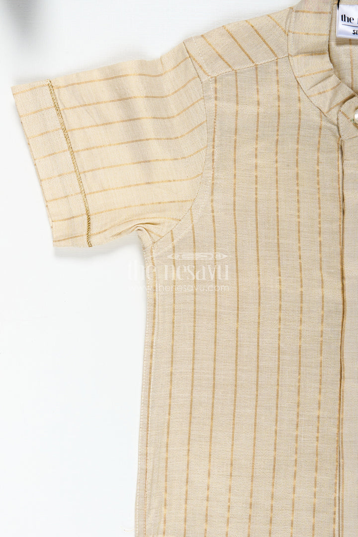 The Nesavu Boys Silk Shirt Traditional Cotton Shirt for Boys in Beige Silk Blend with Striped Gold Thread Weaving and Mandarin Collar Nesavu Nesavu Boys Traditional Cotton Shirt Silk Blend Gold Stripes Mandarin Collar Design