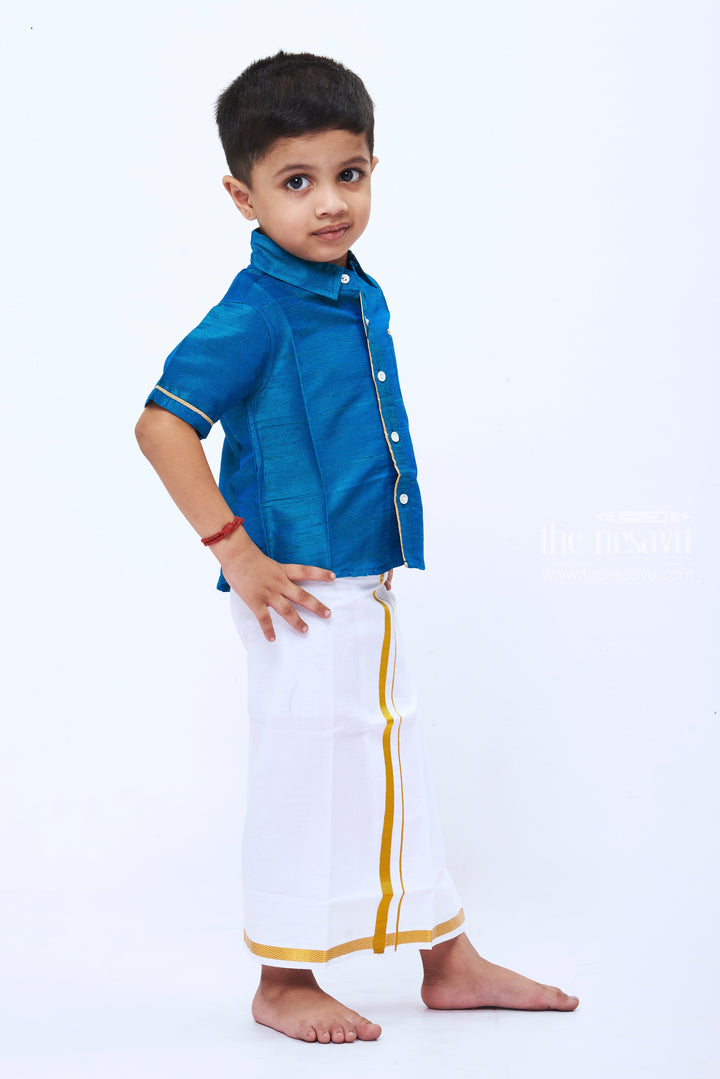 The Nesavu Boys Vesti Traditional Cotton Vesti for Boys Elegance in White and Gold Nesavu Boys White and Gold Traditional Vesti/Dothi | Ethnic Indian Clothing for Kids | The Nesavu