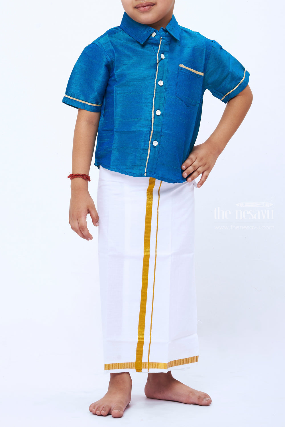 The Nesavu Boys Vesti Traditional Cotton Vesti for Boys Elegance in White and Gold Nesavu Boys White and Gold Traditional Vesti/Dothi | Ethnic Indian Clothing for Kids | The Nesavu