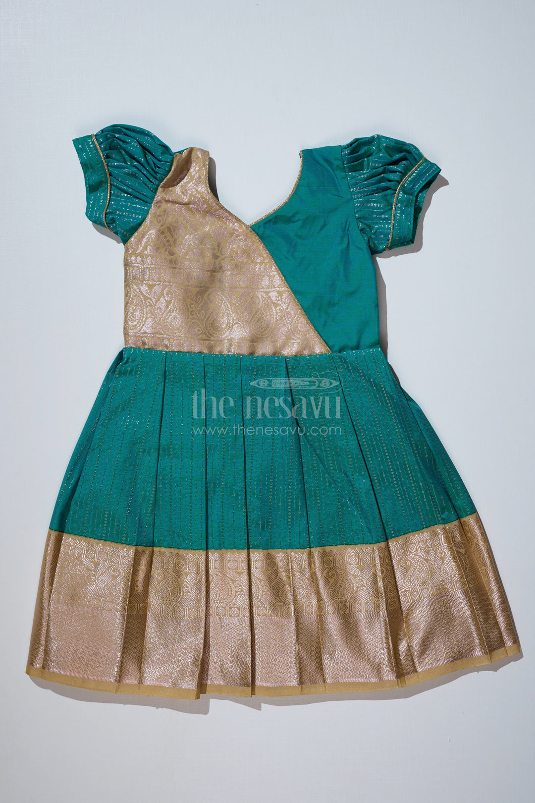 The Nesavu Girls Kanchi Silk Frock Traditional Dark Green Silk Dress for Girls with Kanchipuram Inspired Fabric and Gold Zari Border Nesavu 18 (2Y) / Green / Style 2 SF823BB-18 Nesavu Dark Green Silk Dress Girls Kanchipuram Inspired Fabric Gold Zari Border