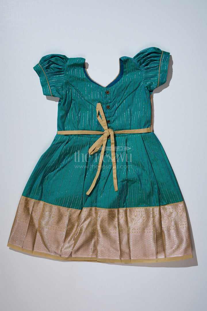 The Nesavu Girls Kanchi Silk Frock Traditional Dark Green Silk Dress for Girls with Kanchipuram Inspired Fabric and Gold Zari Border Nesavu Dark Green Silk Dress Girls Kanchipuram Inspired Fabric Gold Zari Border | The Nesavu