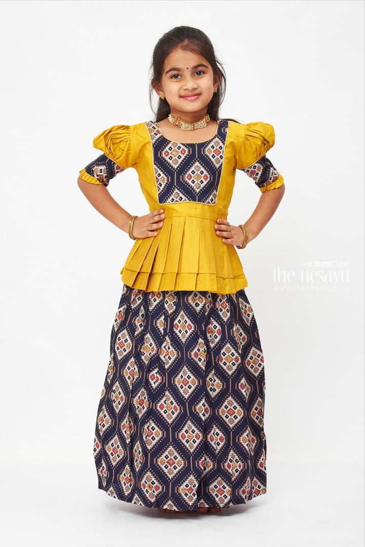 The Nesavu Pattu Pavadai Traditional Folklore-Inspired Mustard Peplum Blouse with Authentic Pattu Pavadai Nesavu 16 (1Y) / Yellow / Silk Blend GPP311A-16 Mustard Yellow Traditional Dress - Cultural Folk Pattern Peplum Skirt | The Nesavu