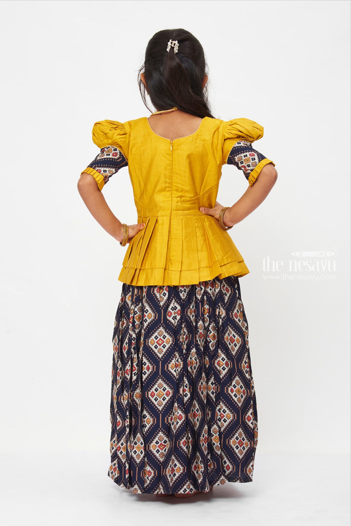 The Nesavu Pattu Pavadai Traditional Folklore-Inspired Mustard Peplum Blouse with Authentic Pattu Pavadai Nesavu Mustard Yellow Traditional Dress - Cultural Folk Pattern Peplum Skirt | The Nesavu