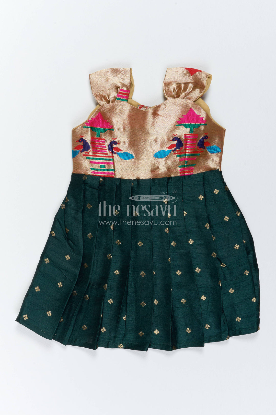 The Nesavu Silk Frock Traditional Frock for Girls in Green for Milestone Days Nesavu 14 (6M) / Green / Raw Silk SF1214A-14 Nesavu Traditional Frock For Girls In Green With Paithani Motifs SF1214A-14