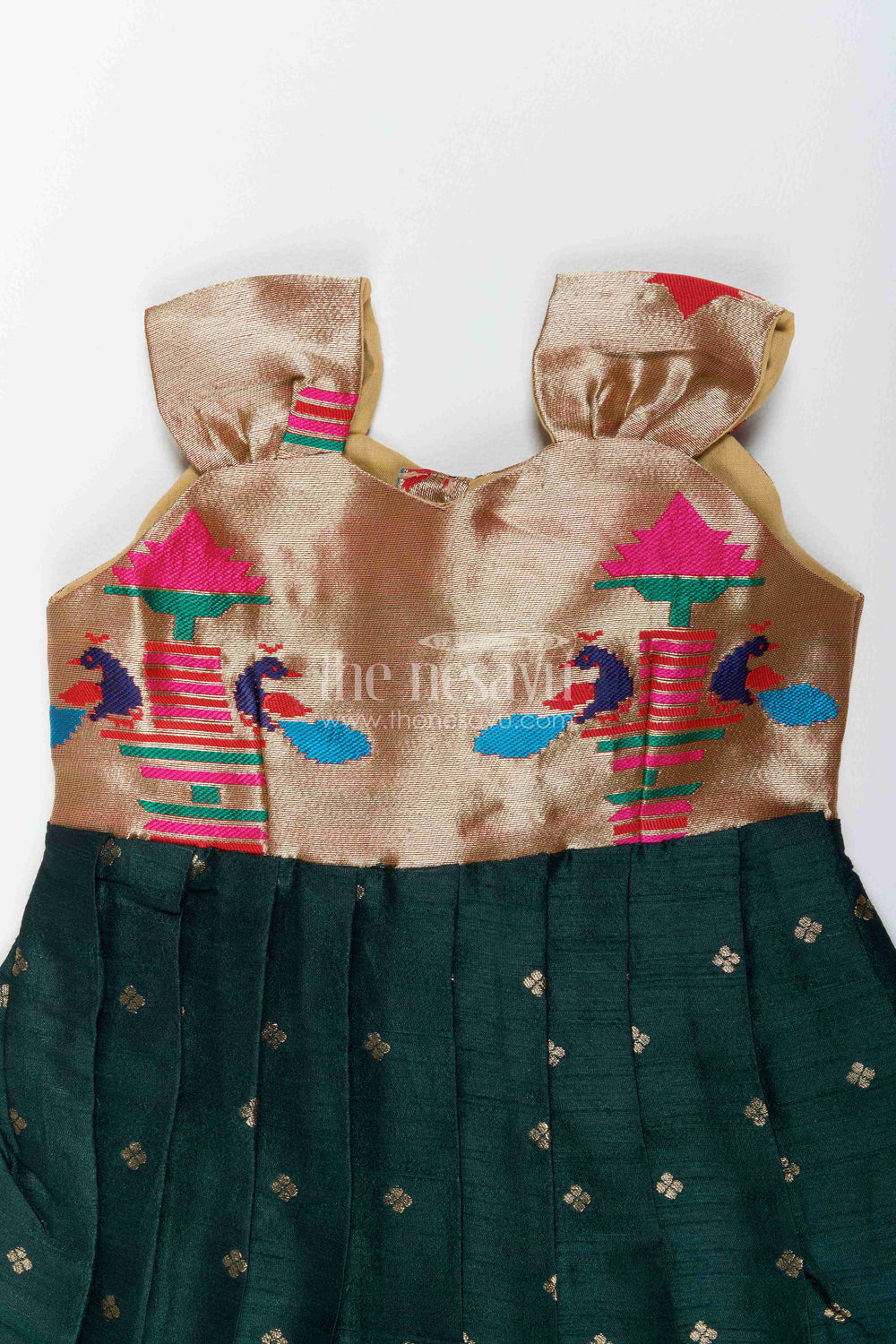 The Nesavu Silk Frock Traditional Frock for Girls in Green for Milestone Days Nesavu Nesavu Traditional Frock For Girls In Green With Paithani Motifs