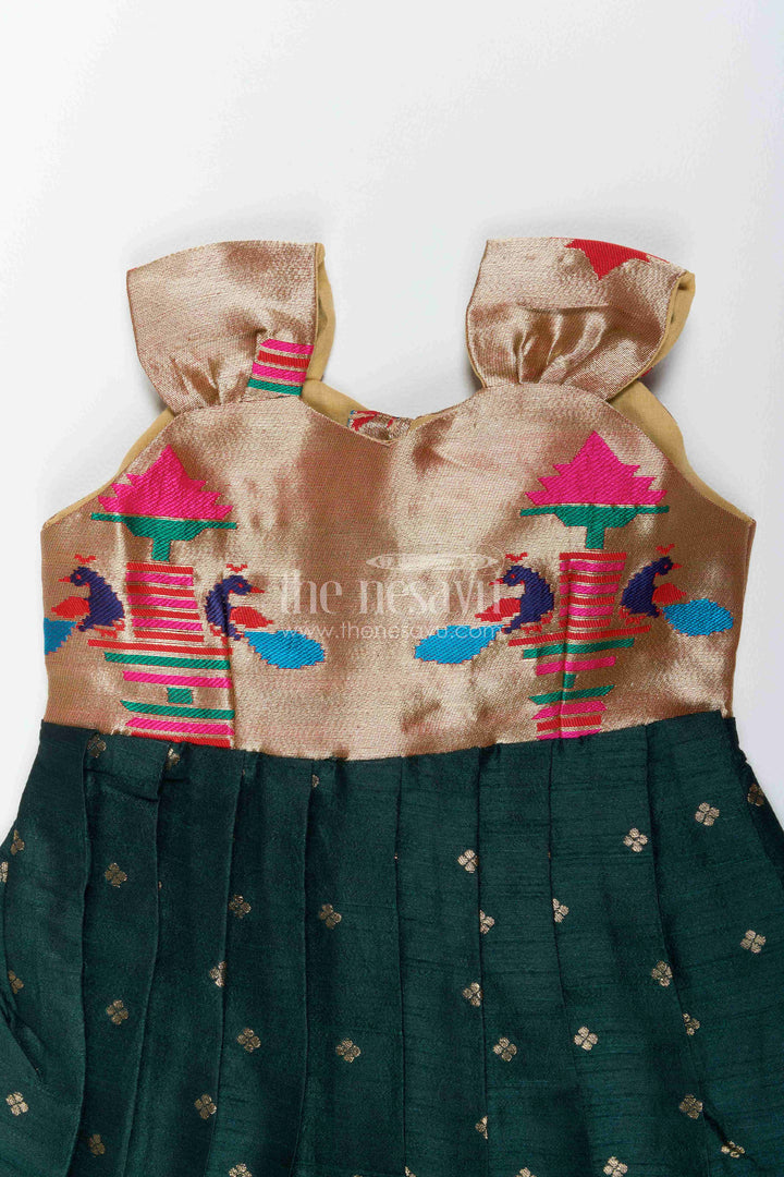 The Nesavu Silk Frock Traditional Frock for Girls in Green for Milestone Days Nesavu Nesavu Traditional Frock For Girls In Green With Paithani Motifs