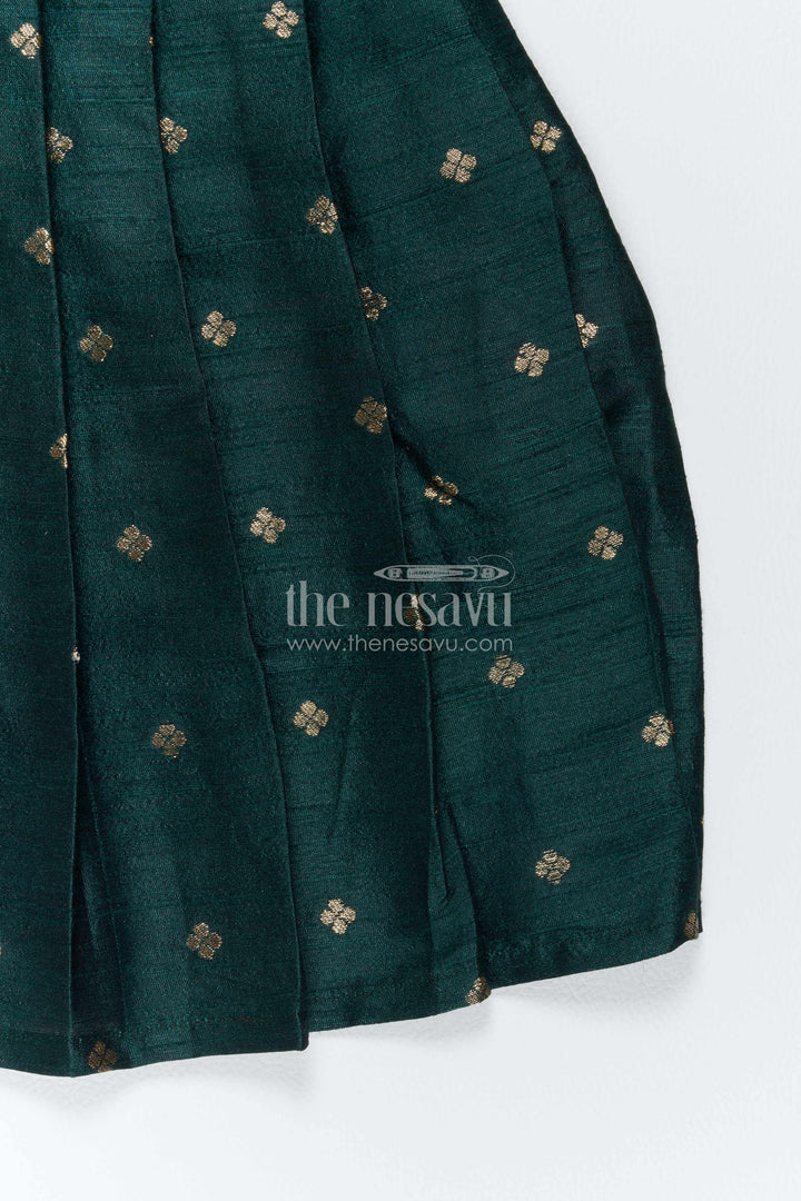 The Nesavu Silk Frock Traditional Frock for Girls in Green for Milestone Days Nesavu Nesavu Traditional Frock For Girls In Green With Paithani Motifs