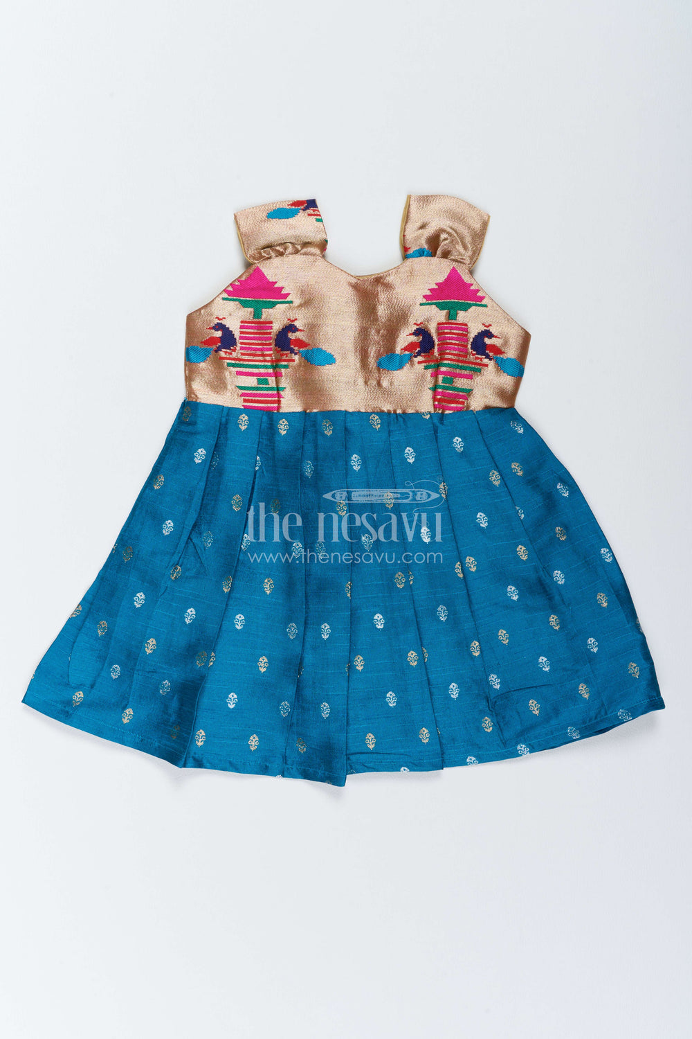 The Nesavu Silk Frock Traditional Frock for Girls with Paithani Motifs for Weddings and Parties Nesavu 14 (6M) / Blue / Raw Silk SF1213B-14 Nesavu Traditional Frock For Girls In Blue With Paithani Motifs SF1213B-14