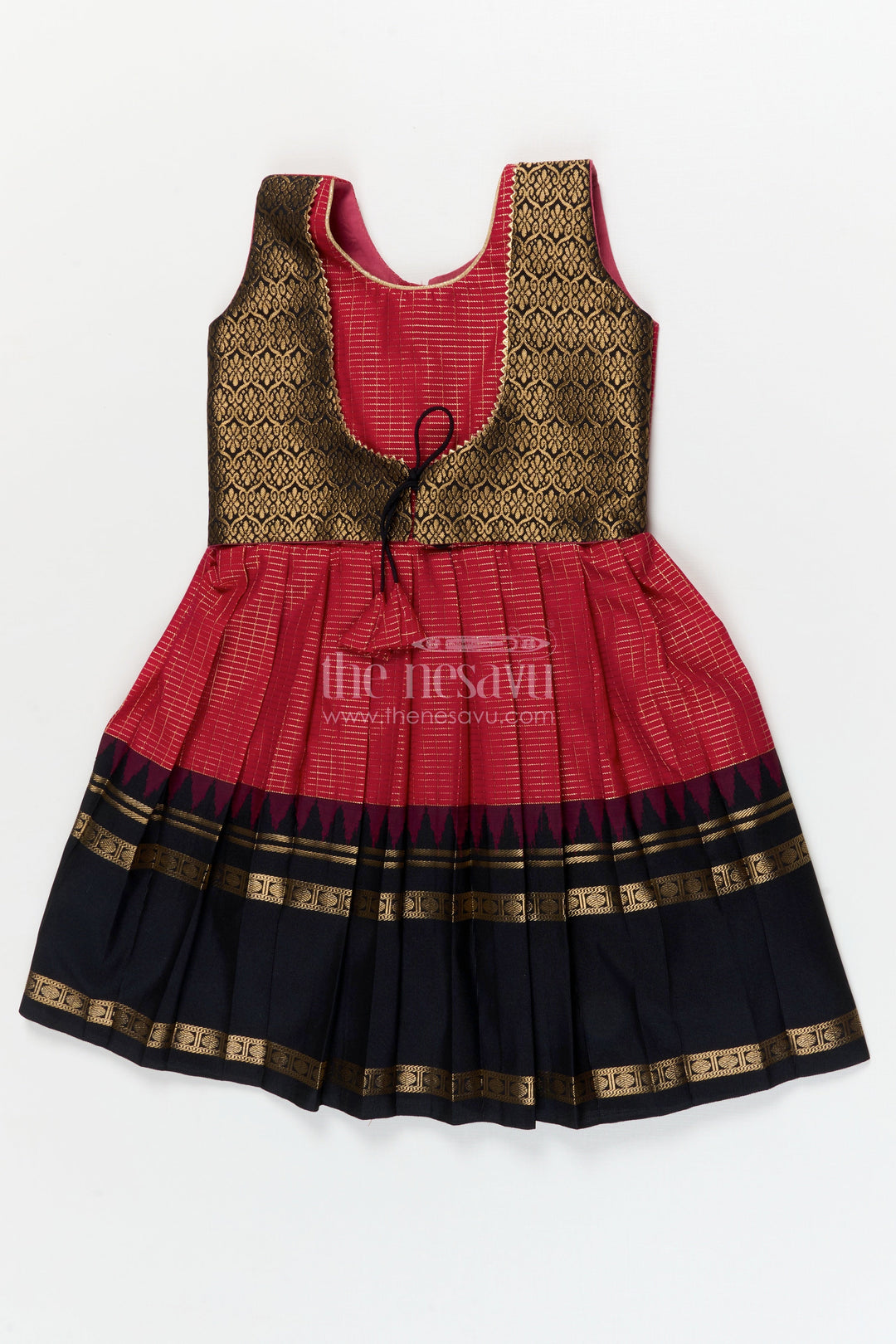 The Nesavu Girls Kanchi Silk Frock Traditional Frock for Toddler Girls Inspired by Kanchipuram Silk Sarees Nesavu 10 (NB) / Pink / style 1 KSF001AA-10 Nesavu traditional silk frock for toddler girls with Kanchipuram saree inspired design