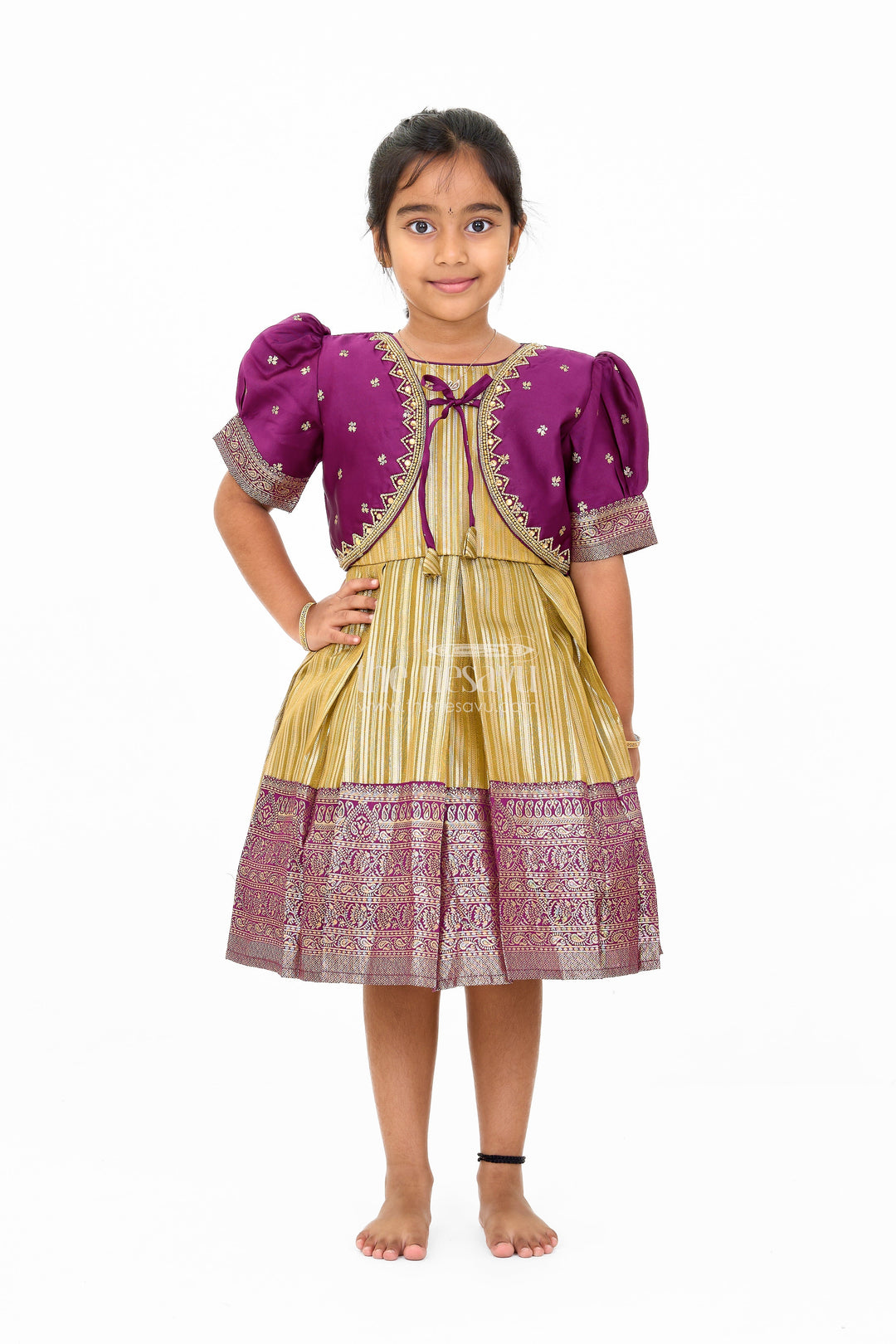The Nesavu Silk Party Frock Traditional Girls Silk Party Frock with Gold Zari Skirt and Embroidered Shrug Nesavu 16 (1Y) / Maroon SF957A-16 Traditional Girls Silk Frock Gold Zari Design Embroidered Shrug Nesavu