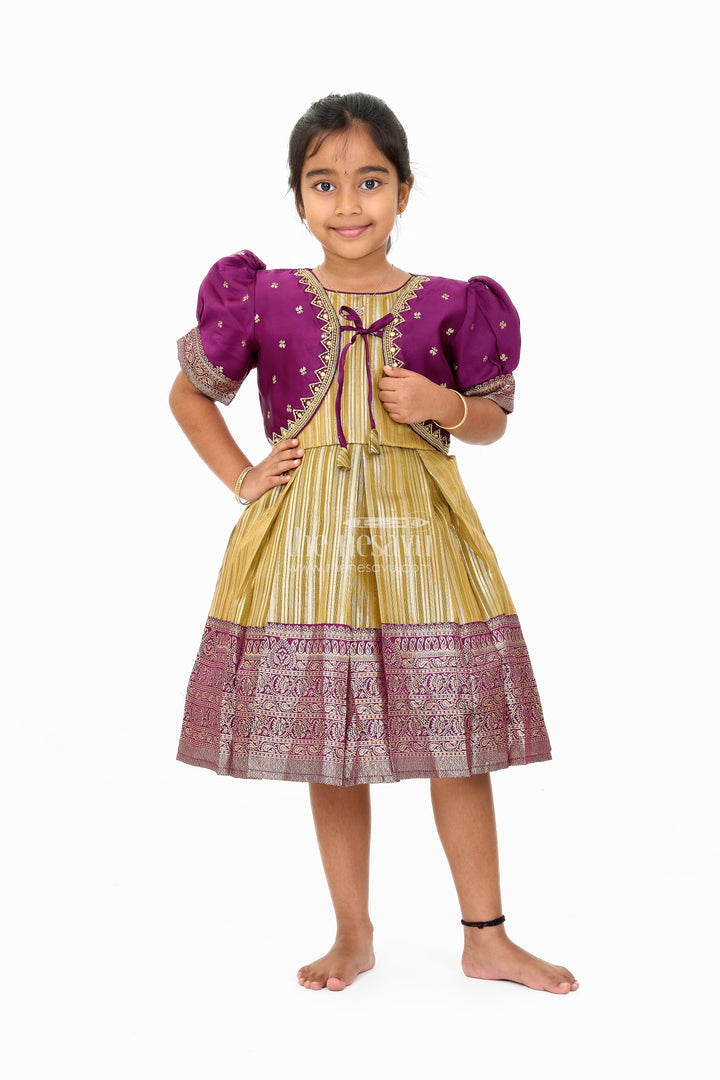The Nesavu Silk Party Frock Traditional Girls Silk Party Frock with Gold Zari Skirt and Embroidered Shrug Nesavu Traditional Girls Silk Frock Gold Zari Design Embroidered Shrug Nesavu