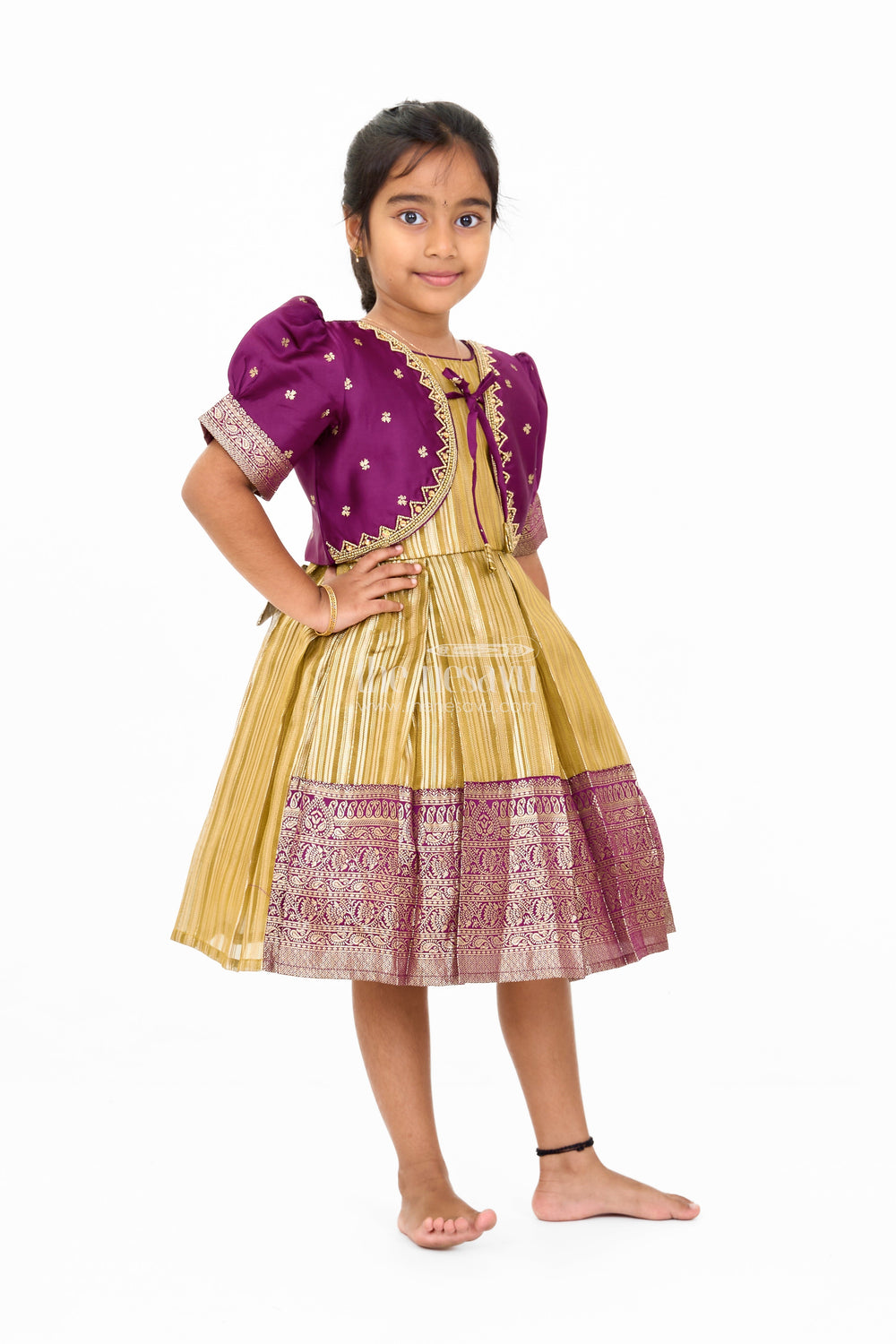 The Nesavu Silk Party Frock Traditional Girls Silk Party Frock with Gold Zari Skirt and Embroidered Shrug Nesavu Traditional Girls Silk Frock Gold Zari Design Embroidered Shrug Nesavu
