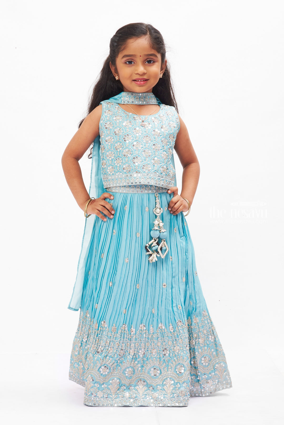 The Nesavu Girls Lehenga Choli Traditional Girls Teal Lehenga Choli Set with Exquisite Embellishments Nesavu 16 (1Y) / Blue GL411A-16 Girls Teal Lehenga Choli Set | Luxurious Ethnic Wear for Festive Occasions | The Nesavu