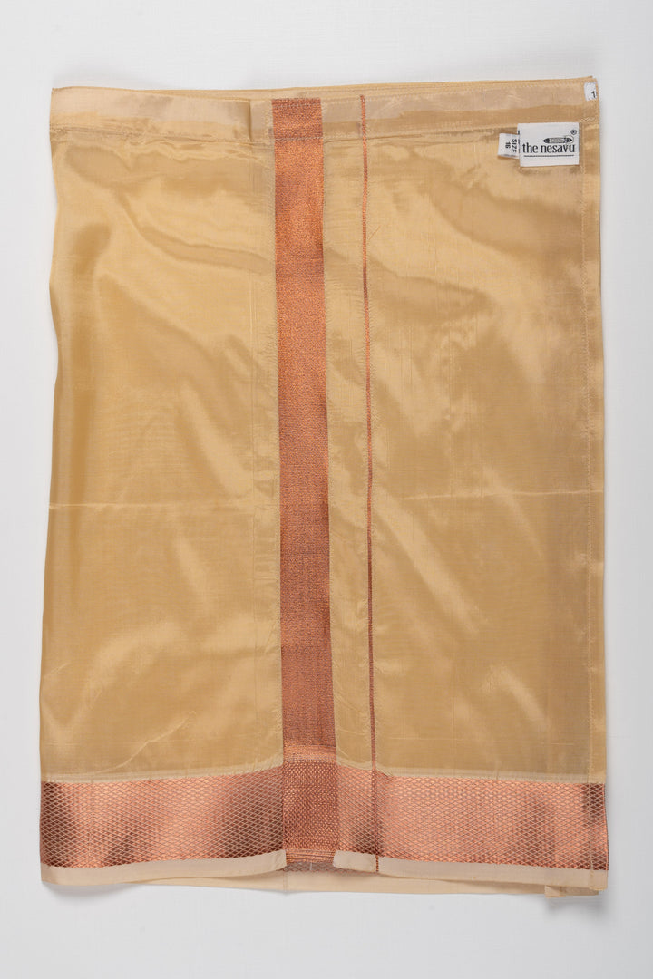 The Nesavu Boys Vesti Traditional Golden Yellow Boys Dhoti with Elegant Orange Detailing Nesavu 14 (6M) / Yellow / Blend Silk D009E-14 Golden Yellow Silk Blend Dhoti for Boys | Traditional with a Modern Twist | The Nesavu