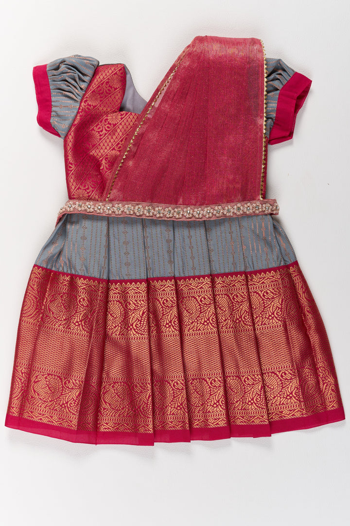 The Nesavu Girls Kanchi Silk Frock Traditional Gray and Red Pattu Pavadai for Girls with Silk Zari Weaving Nesavu 14 (6M) / Gray / Style 1 SF827BA-14 Nesavu Traditional Gray Red Pattu Pavadai Girls Silk Zari Weaving