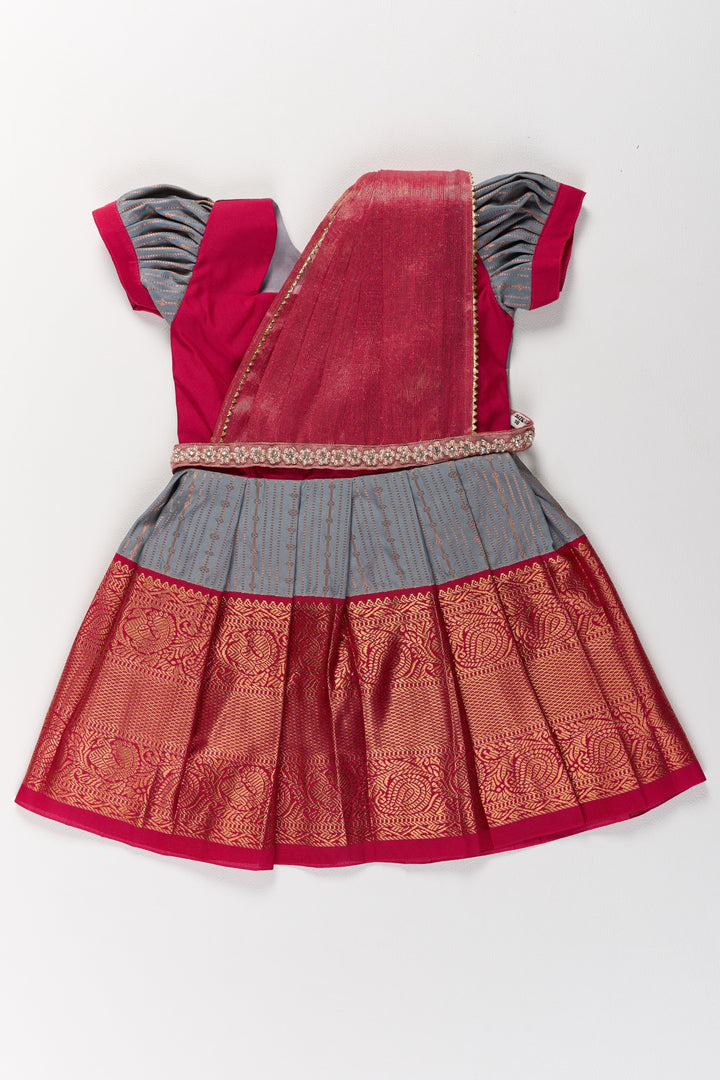 The Nesavu Girls Kanchi Silk Frock Traditional Gray and Red Pattu Pavadai for Girls with Silk Zari Weaving Nesavu 14 (6M) / Gray / Style 3 SF827BC-14 Nesavu Traditional Gray Red Pattu Pavadai Girls Silk Zari Weaving