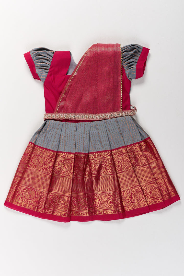 The Nesavu Girls Kanchi Silk Frock Traditional Gray and Red Pattu Pavadai for Girls with Silk Zari Weaving Nesavu 14 (6M) / Gray / Style 3 SF827BC-14 Traditional Gray Red Pattu Pavadai Girls Silk Zari Weaving | The Nesavu
