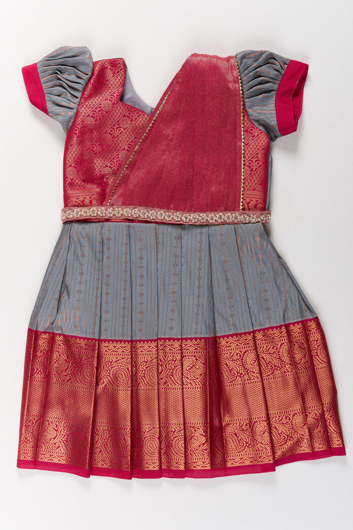 The Nesavu Girls Kanchi Silk Frock Traditional Gray and Red Pattu Pavadai for Girls with Silk Zari Weaving Nesavu 20 (3Y) / Gray / Style 2 SF827BB-20 Nesavu Traditional Gray Red Pattu Pavadai Girls Silk Zari Weaving