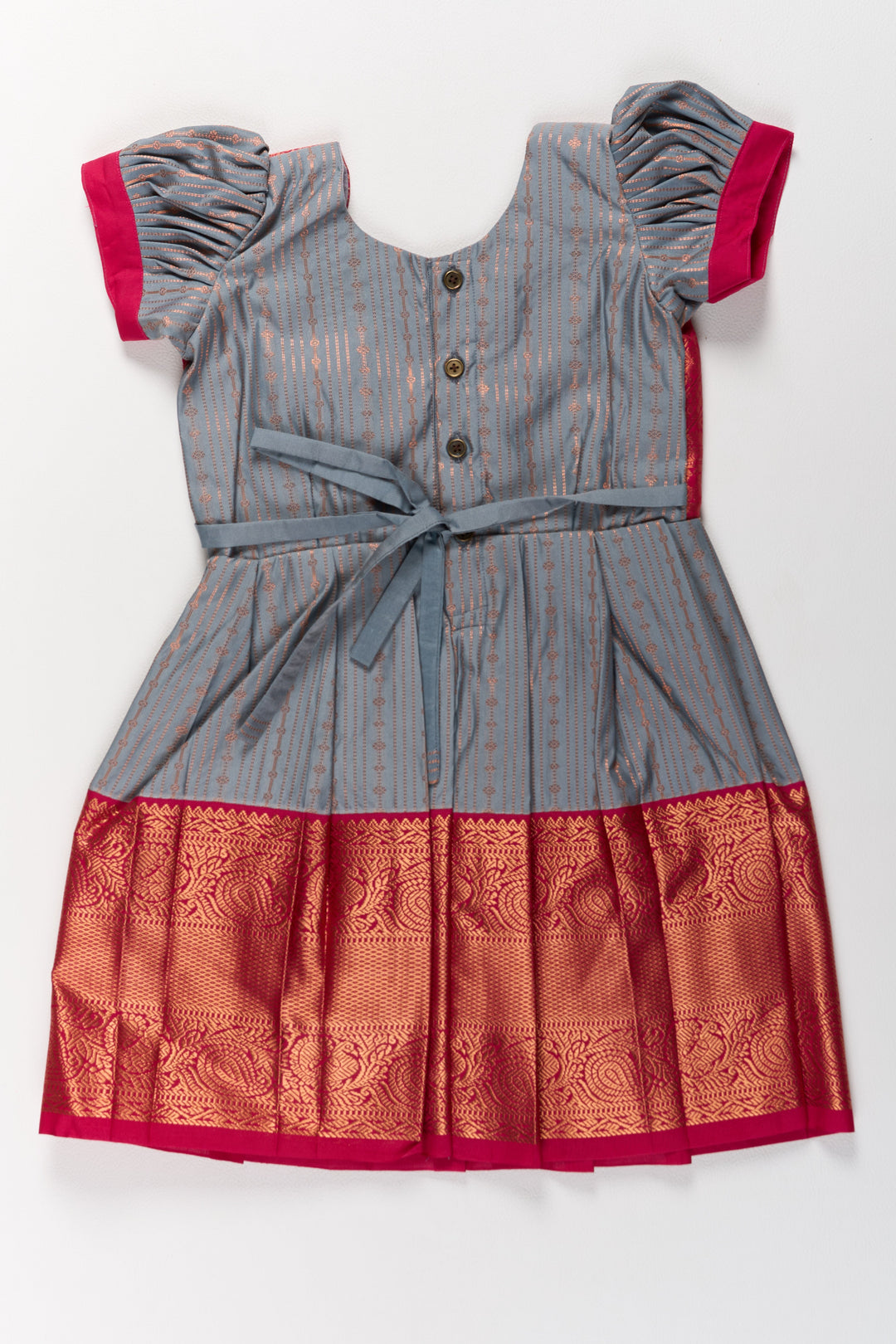 The Nesavu Girls Kanchi Silk Frock Traditional Gray and Red Pattu Pavadai for Girls with Silk Zari Weaving Nesavu Nesavu Traditional Gray Red Pattu Pavadai Girls Silk Zari Weaving