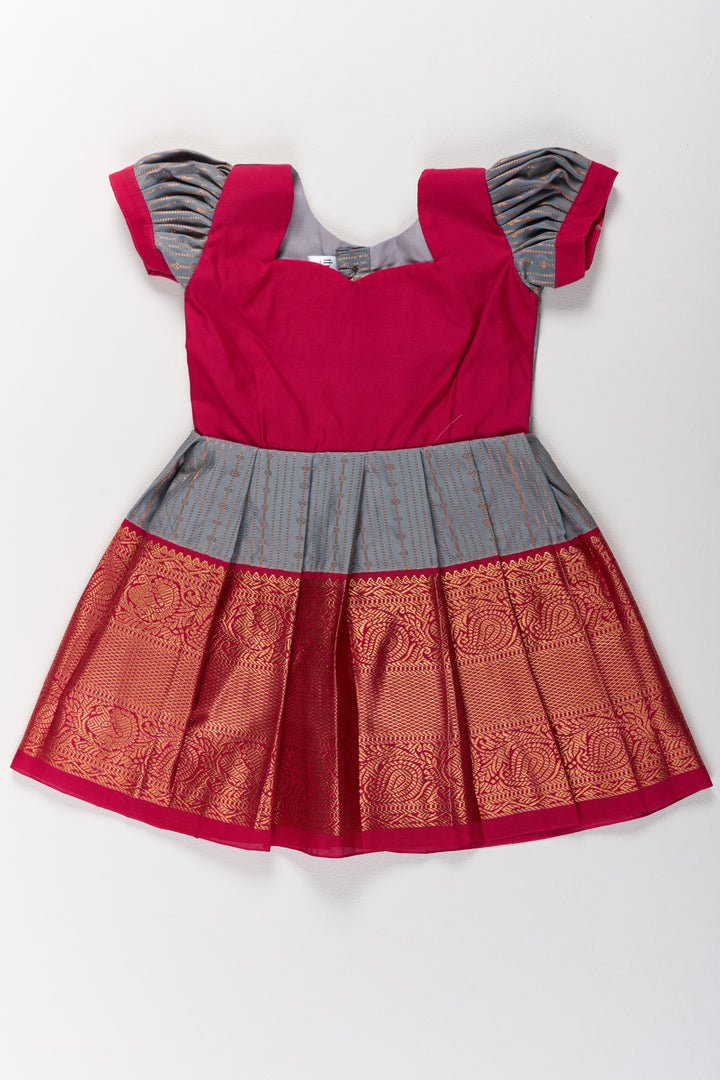 The Nesavu Girls Kanchi Silk Frock Traditional Gray and Red Pattu Pavadai for Girls with Silk Zari Weaving Nesavu Nesavu Traditional Gray Red Pattu Pavadai Girls Silk Zari Weaving