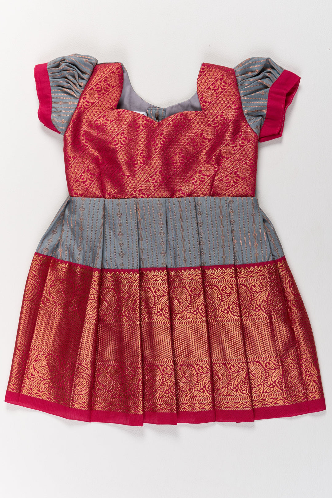 The Nesavu Girls Kanchi Silk Frock Traditional Gray and Red Pattu Pavadai for Girls with Silk Zari Weaving Nesavu Nesavu Traditional Gray Red Pattu Pavadai Girls Silk Zari Weaving